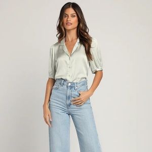 Sweet and Chic Sage Green Satin Button-Up Short Sleeve Top